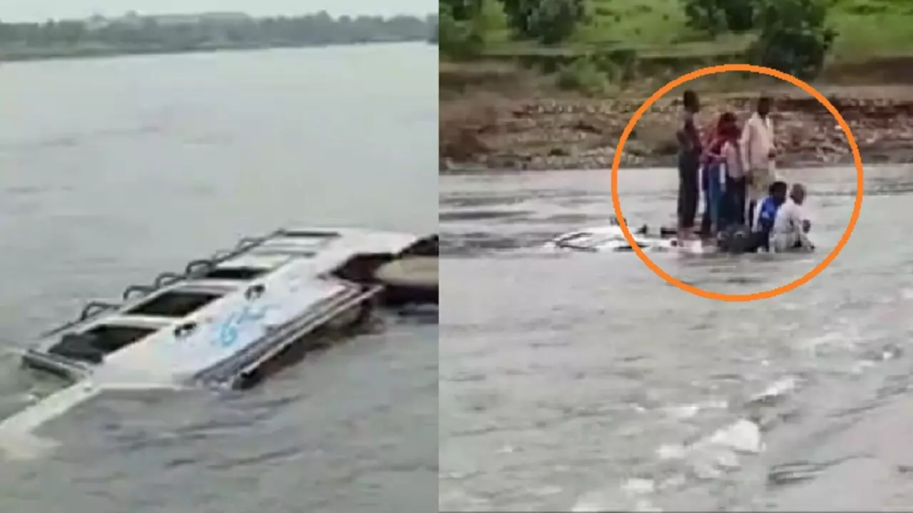 vehicle of people going to call the sister fell into the river police started rescue operation and saved their lives