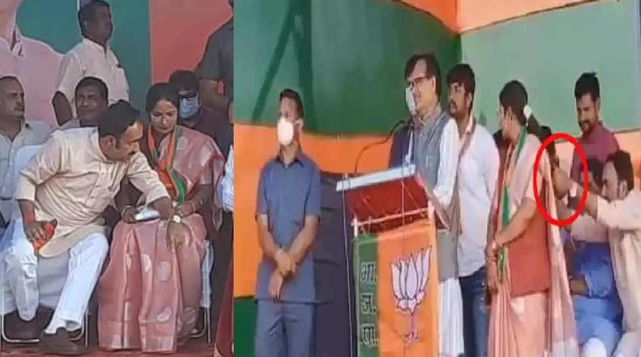 VIRAL VIDEO: भाजपा नेत्री के बालों में उलझे MP के खनिज मंत्री, घुटनों पर  हाथ रखे हुए आए नजर, अब सियासत हुई तेज