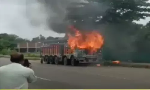 रीवा के हाईवे में धूं-धूं कर जलने लगा ट्रक, चालक-क्लीनर ने कूद कर बचाई जान