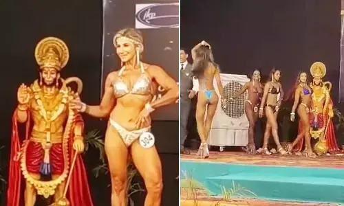 बजरंग बली के सामने महिलाओं ने टू पीस में किया बॉडी का प्रदर्शन, मचा बवाल