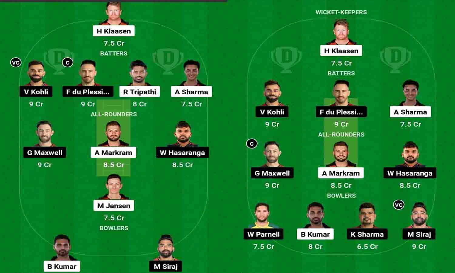 RCB VS SRH Today Dream11 Team Captain And Vice Captian आज के मैच में