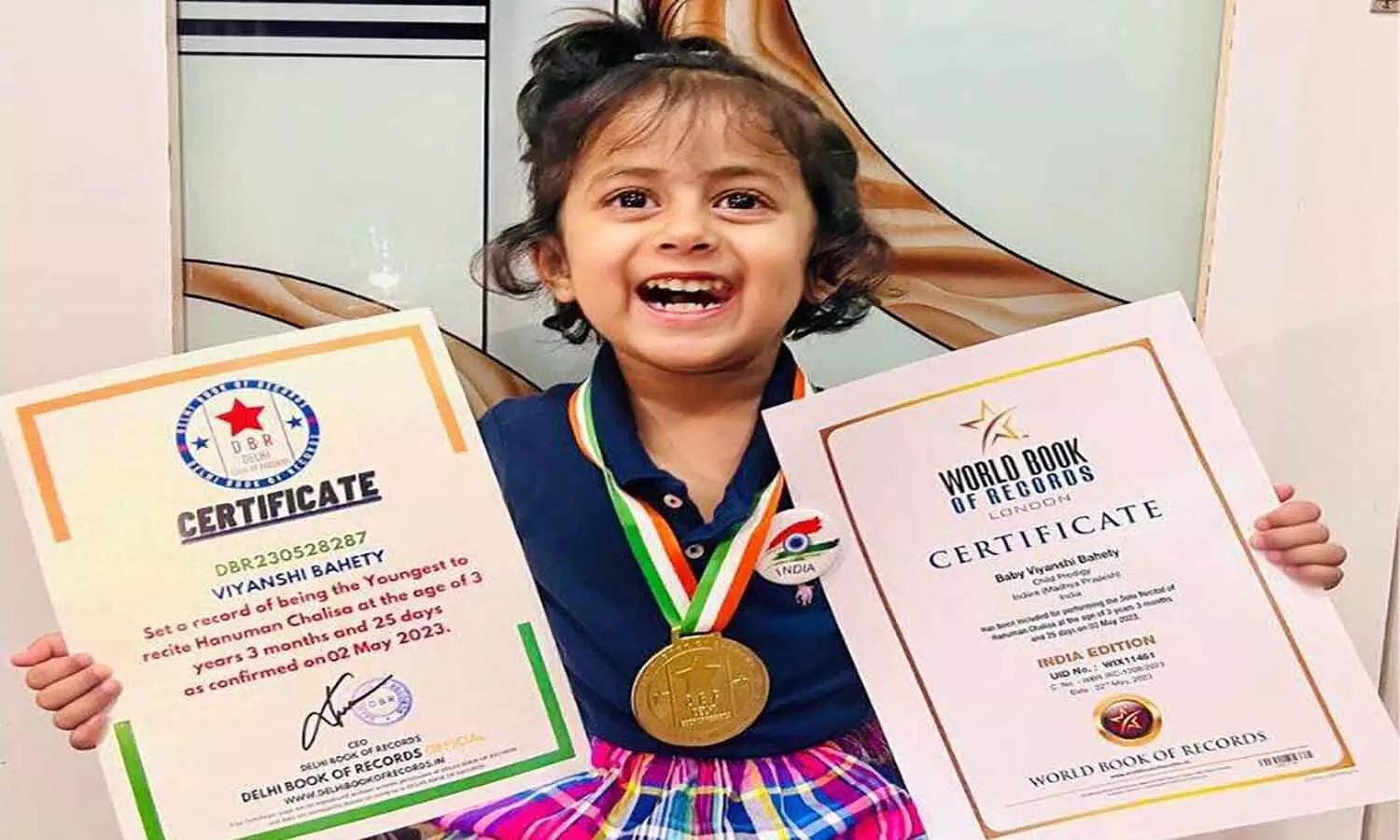 एमपी के इंदौर की तीन वर्षीय वियांशी ने बनाया गिनीज वर्ल्ड रिकार्ड एमपी के इंदौर की तीन वर्षीय वियांशी ने बनाया गिनीज वर्ल्ड रिकार्ड