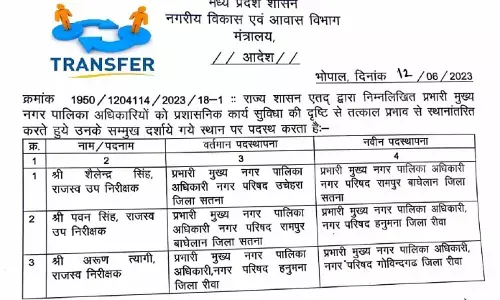 MP CMO Transfer 2023: रीवा-सतना मुख्य नगर पालिका अधिकारियों का हुआ तबादला, आदेश जारी MP CMO Transfer 2023: रीवा-सतना मुख्य नगर पालिका अधिकारियों का हुआ तबादला, आदेश जारी