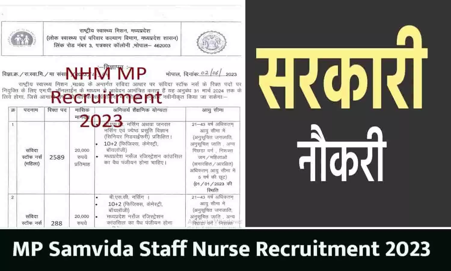 MP Samvida Staff Nurse Bharti: 2800 से ज्यादा रिक्त पदों पर भर्ती के लिए विज्ञापन जारी 2023