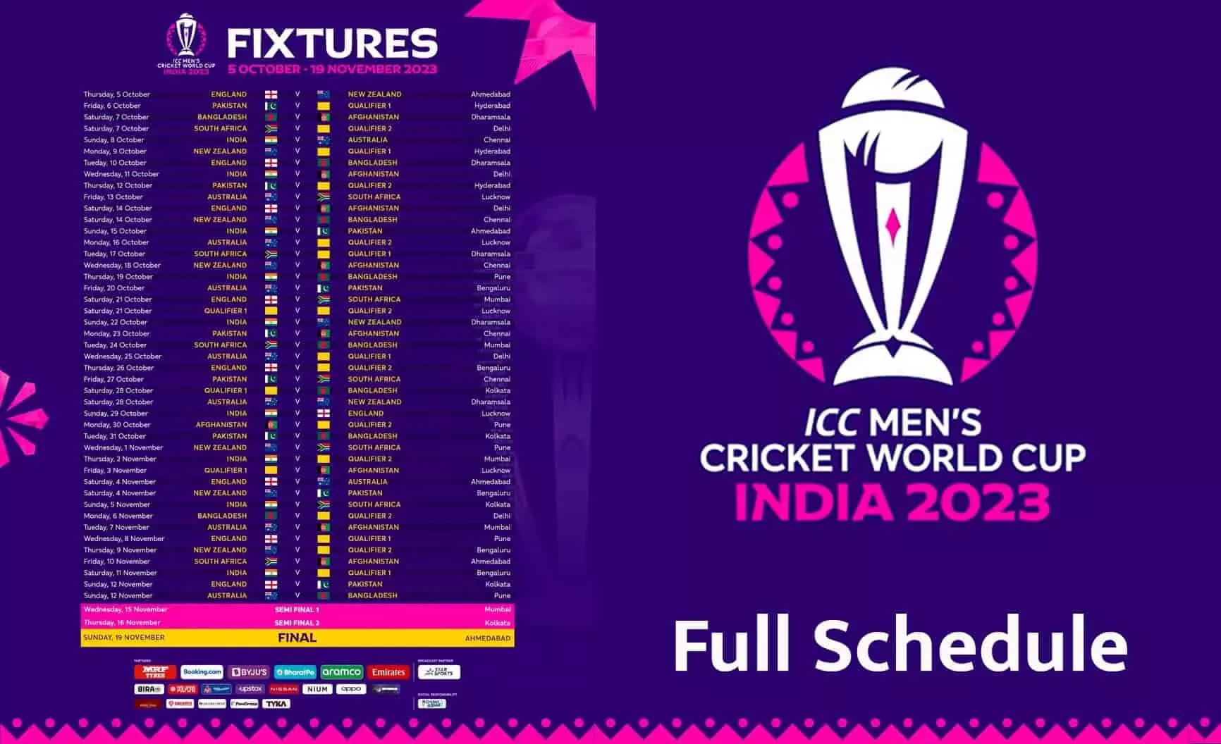ICC ODI World Cup 2023 Schedule