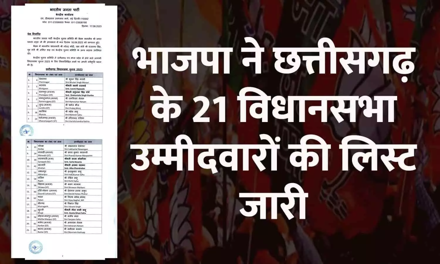 CG Elections 2023: भाजपा ने छत्तीसगढ़ के 21 विधानसभा उम्मीदवारों की लिस्ट जारी की, जानिए किसे कहां से टिकट मिला