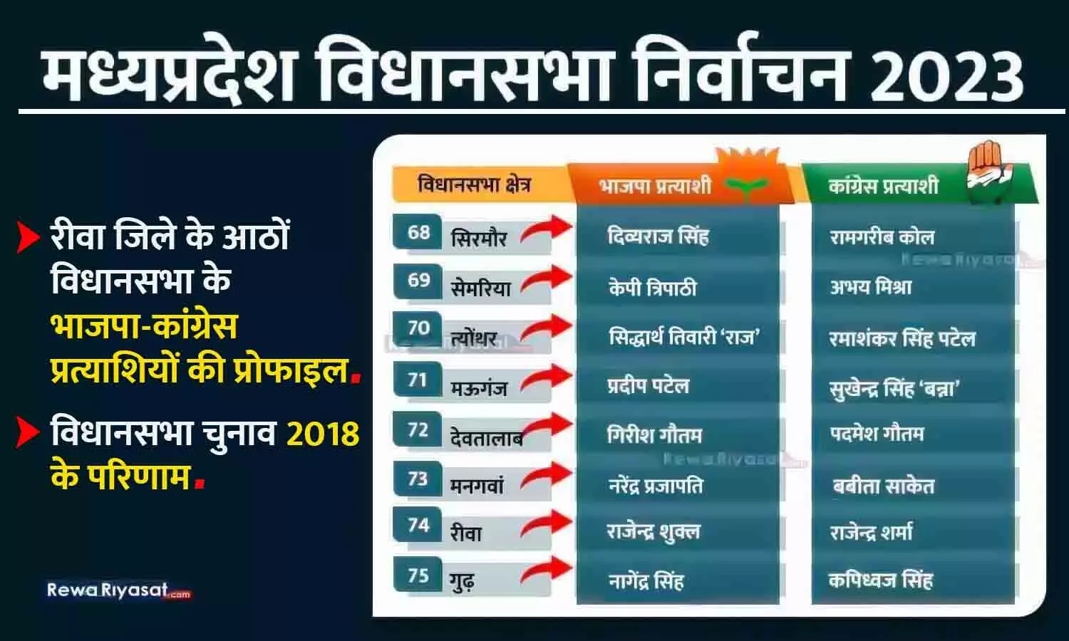 एमपी विधानसभा निर्वाचन 2023: रीवा जिले में गुढ़ से भाजपा प्रत्याशी सबसे उम्रदराज, त्योंथर प्रत्याशी सबसे युवा; देखें आठों सीटों के बीजेपी-कांग्रेस उम्मीदवारों की प्रोफाइल...