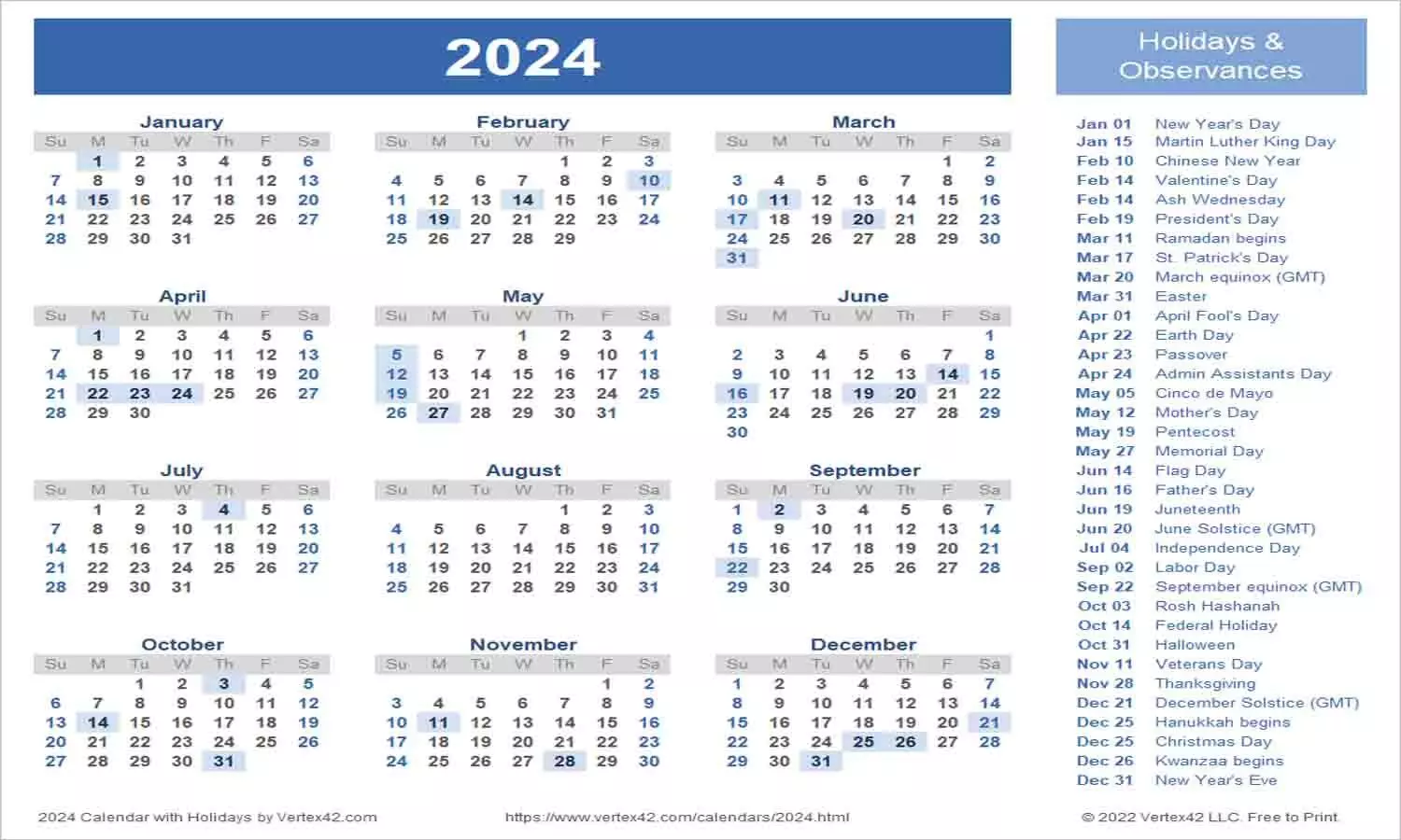 2024 Calendar Holiday List