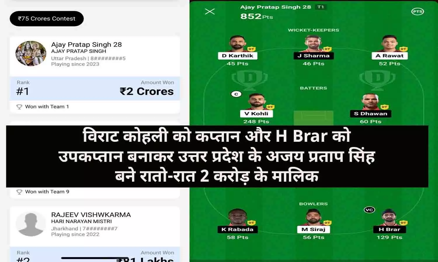 RCB vs PBKS Dream11 Prediction Match Winner 25 March 2024: विराट कोहली को कप्तान और H Brar को उपकप्तान बनाकर उत्तर प्रदेश के अजय प्रताप सिंह बने रातो-रात 2 करोड़ के मालिक, देखे पूरी Details