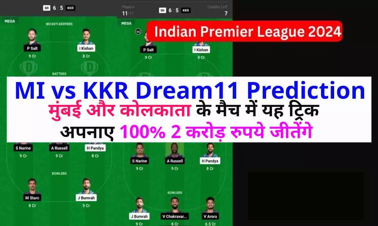 Dream 11 Winning Formula Today, MI vs KKR Dream11 Prediction In Hindi: मुंबई और कोलकाता के मैच में यह ट्रिक अपनाए 100% 2 करोड़ रुपये जीतेंगे