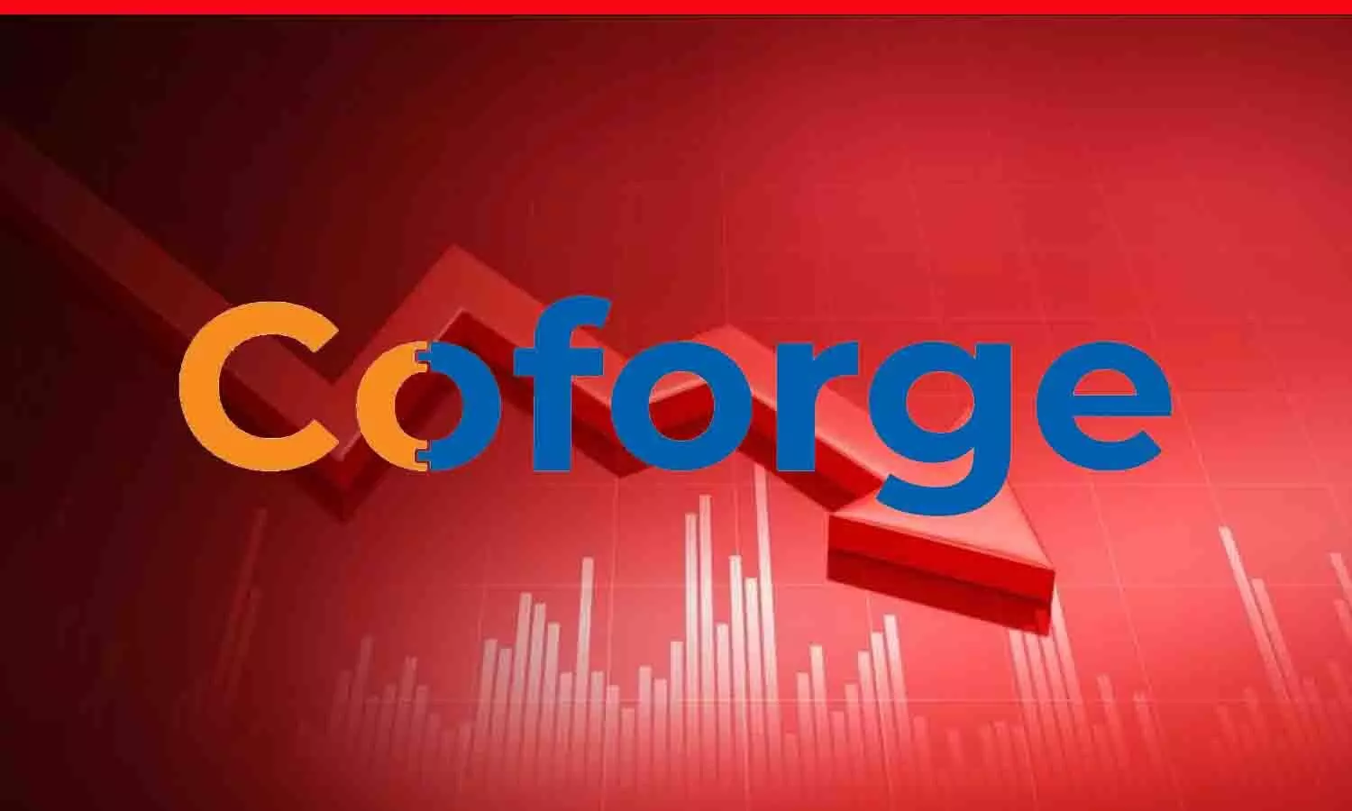 कोफोर्ज लिमिटेड के शेयर मूल्य में गिरावट दर्शाता स्टॉक मार्केट चार्ट, लाल रंग में.