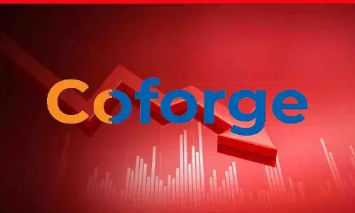 कोफोर्ज लिमिटेड के शेयर मूल्य में गिरावट दर्शाता स्टॉक मार्केट चार्ट, लाल रंग में. कोफोर्ज लिमिटेड के शेयर मूल्य में गिरावट दर्शाता स्टॉक मार्केट चार्ट, लाल रंग में.