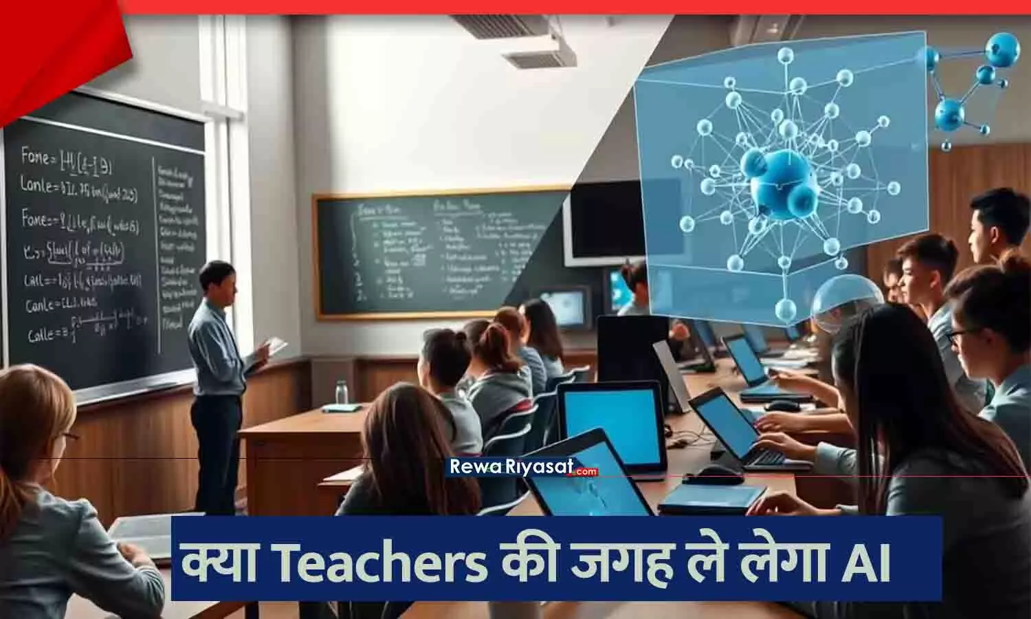 एक शिक्षक को एक छात्र के साथ बातचीत करते हुए दिखाया गया है, जबकि एक AI-संचालित टैबलेट उनकी प्रगति को प्रदर्शित कर रहा है।