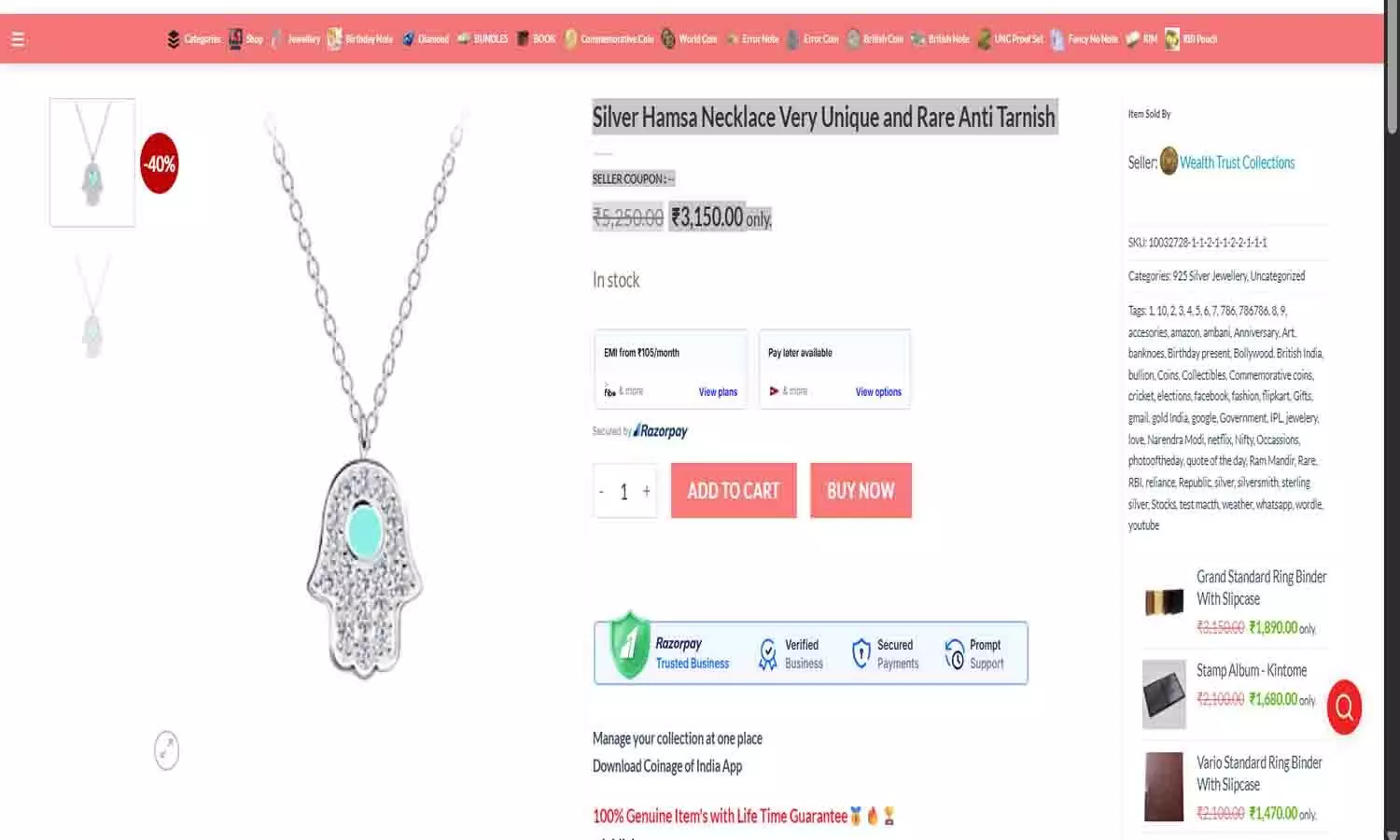 Silver Hamsa Necklace Very Unique and Rare Anti Tarnish