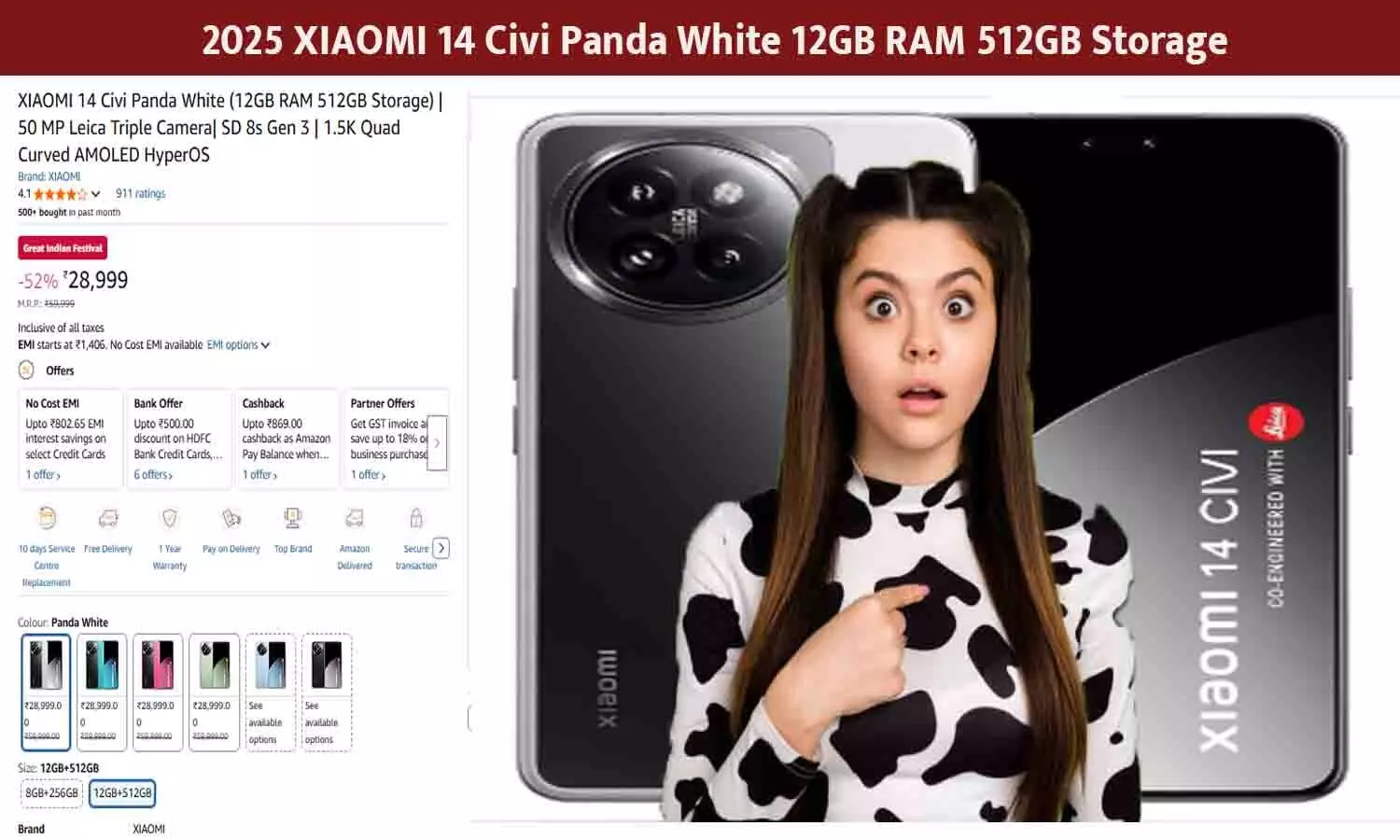 2025 XIAOMI 14 Civi Panda White 12GB RAM 512GB Storage | 50MP Leica Camera | HyperOS AI Smartphone Deal