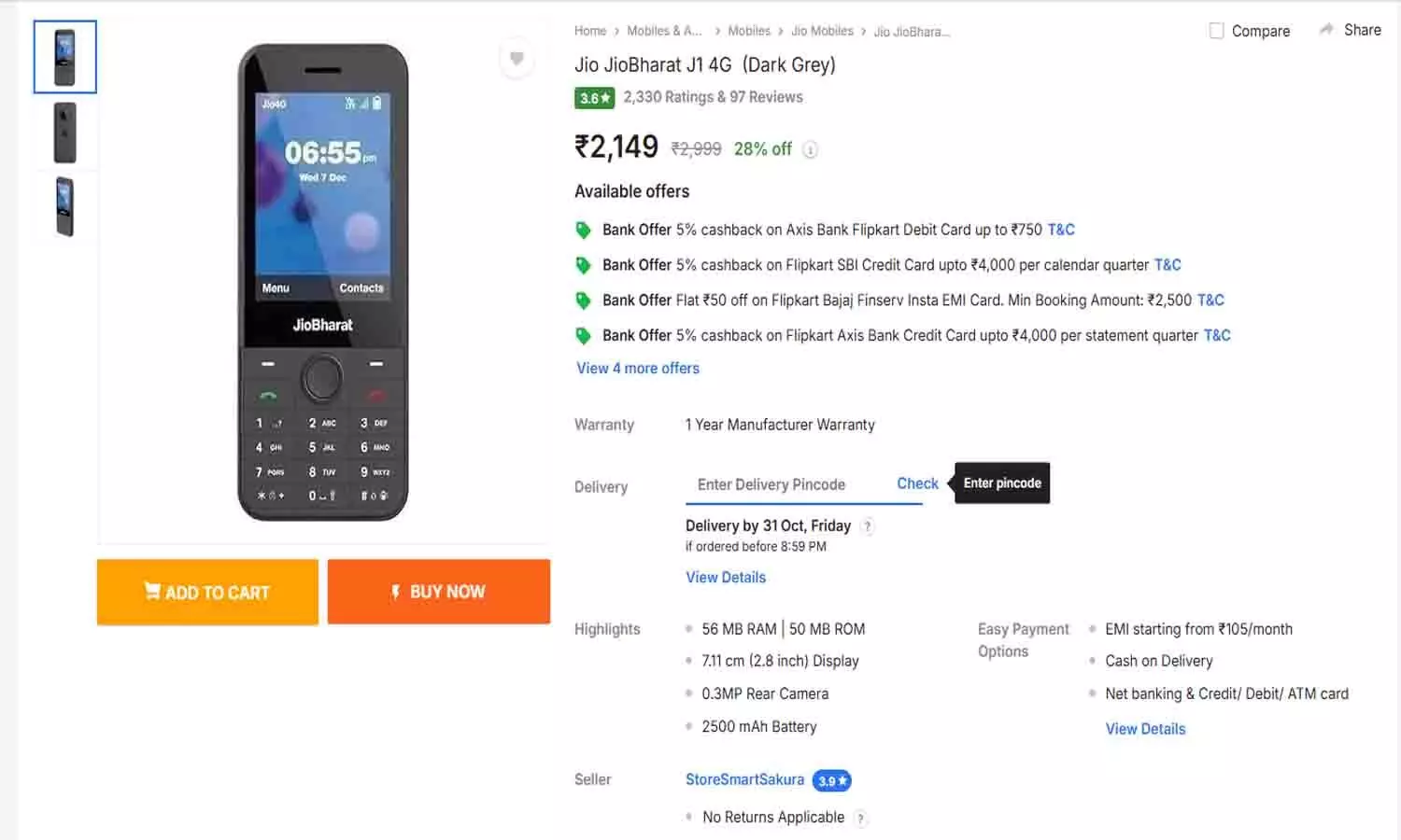 Jio Bharat J1 4G Phone 2025 Launch Price