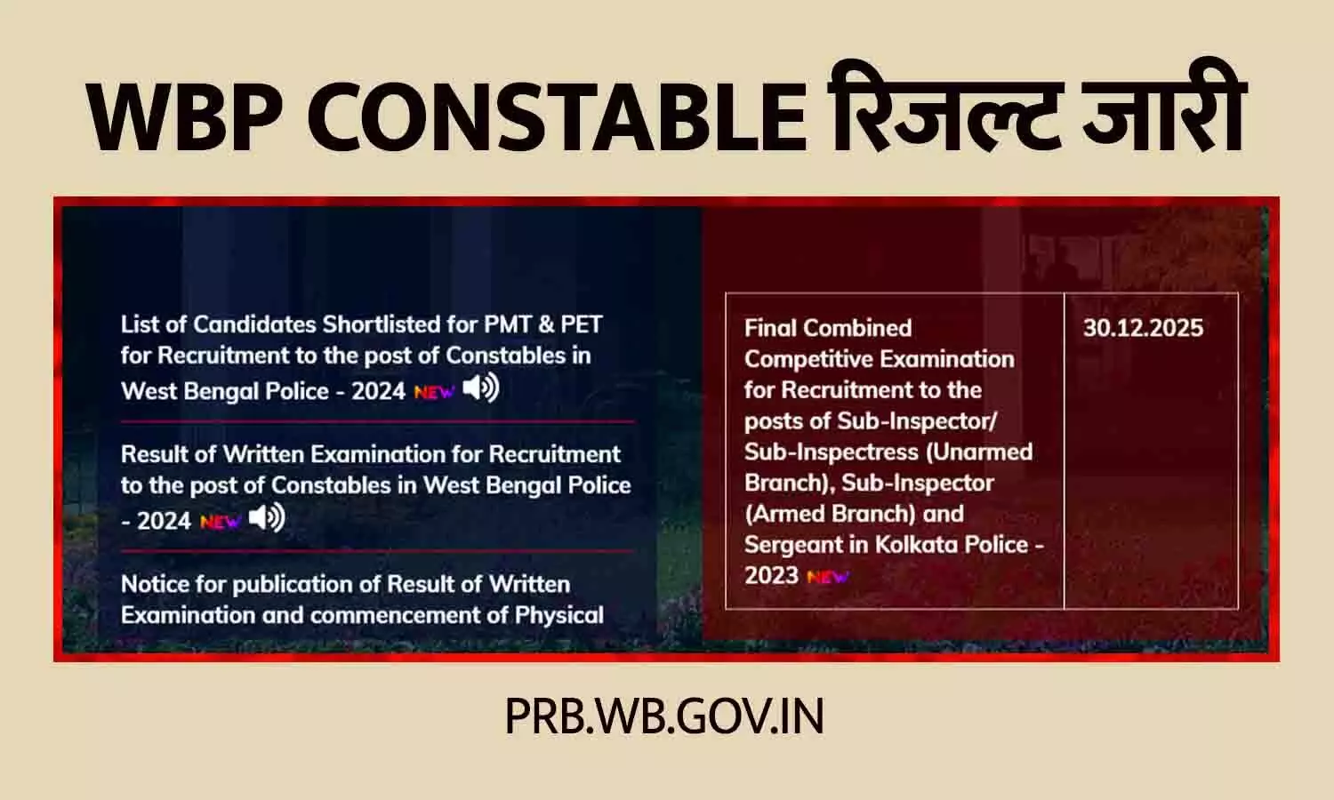 WBP Constable Result 2025 जारी: PET-PMT के लिए 60,170 उम्मीदवार चुने गए, रिजल्ट का Direct Link WBP Constable Result 2025 जारी: PET-PMT के लिए 60,170 उम्मीदवार चुने गए, रिजल्ट का Direct Link