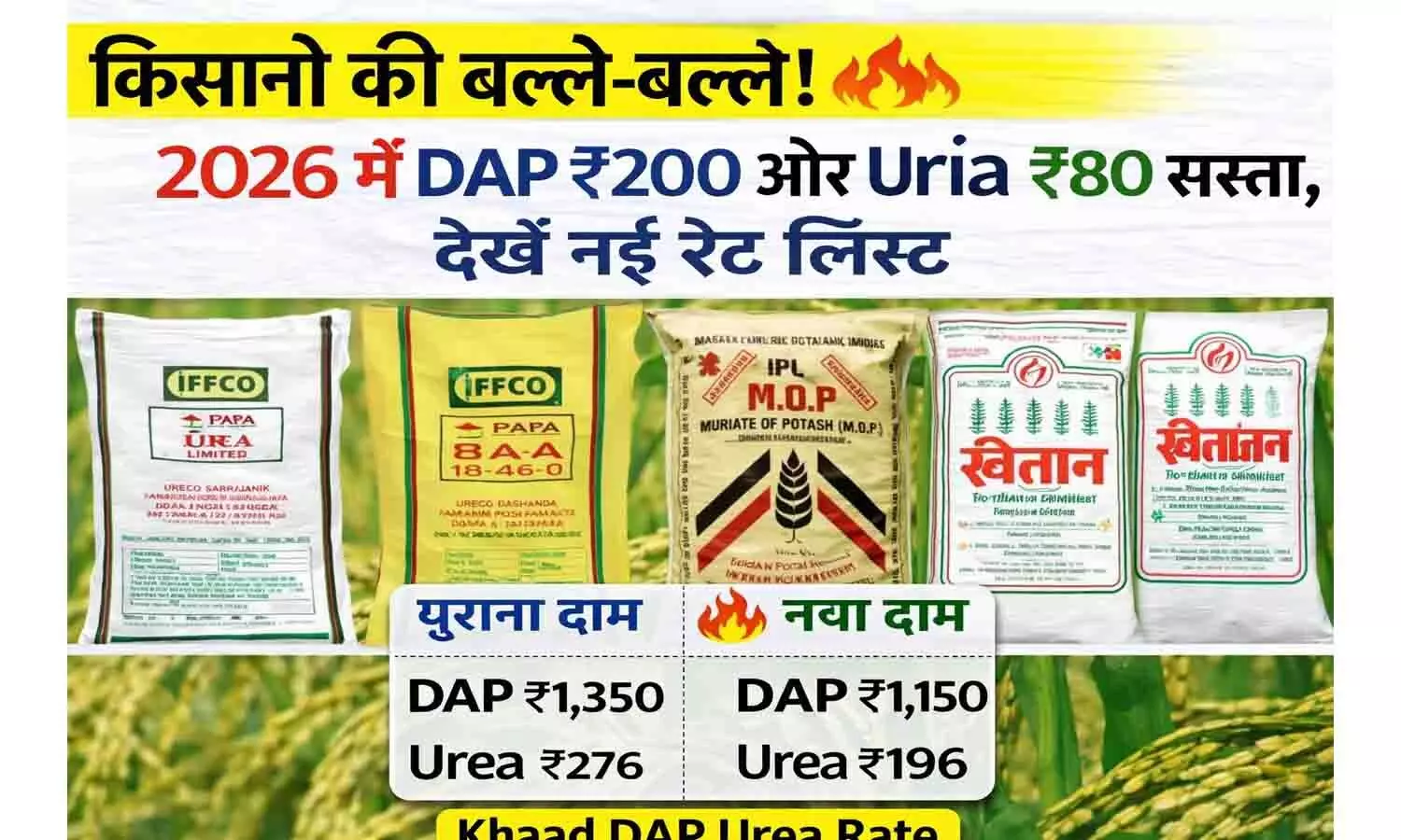 किसानों की बल्ले-बल्ले! 2026 में DAP ₹200 और यूरिया ₹80 सस्ता, देखें नई रेट लिस्ट Khaad DAP Urea Rate किसानों की बल्ले-बल्ले! 2026 में DAP ₹200 और यूरिया ₹80 सस्ता, देखें नई रेट लिस्ट Khaad DAP Urea Rate