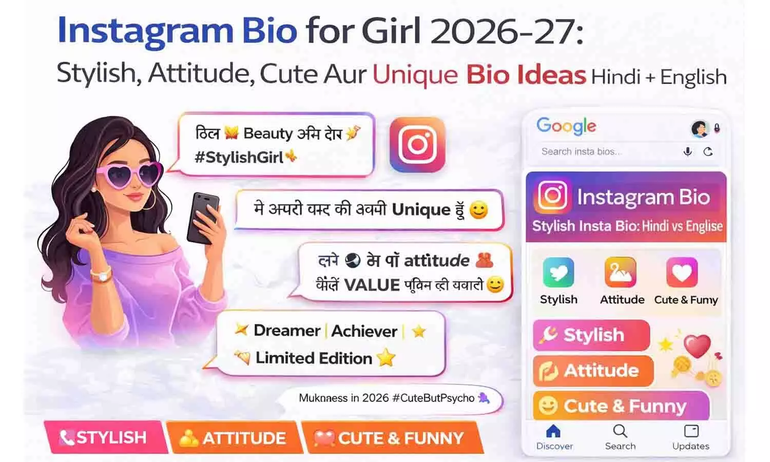 Instagram Bio for Girl 2026-27: Stylish, Attitude, Cute Aur Unique Bio Ideas Hindi + English Instagram Bio for Girl 2026-27: Stylish, Attitude, Cute Aur Unique Bio Ideas Hindi + English