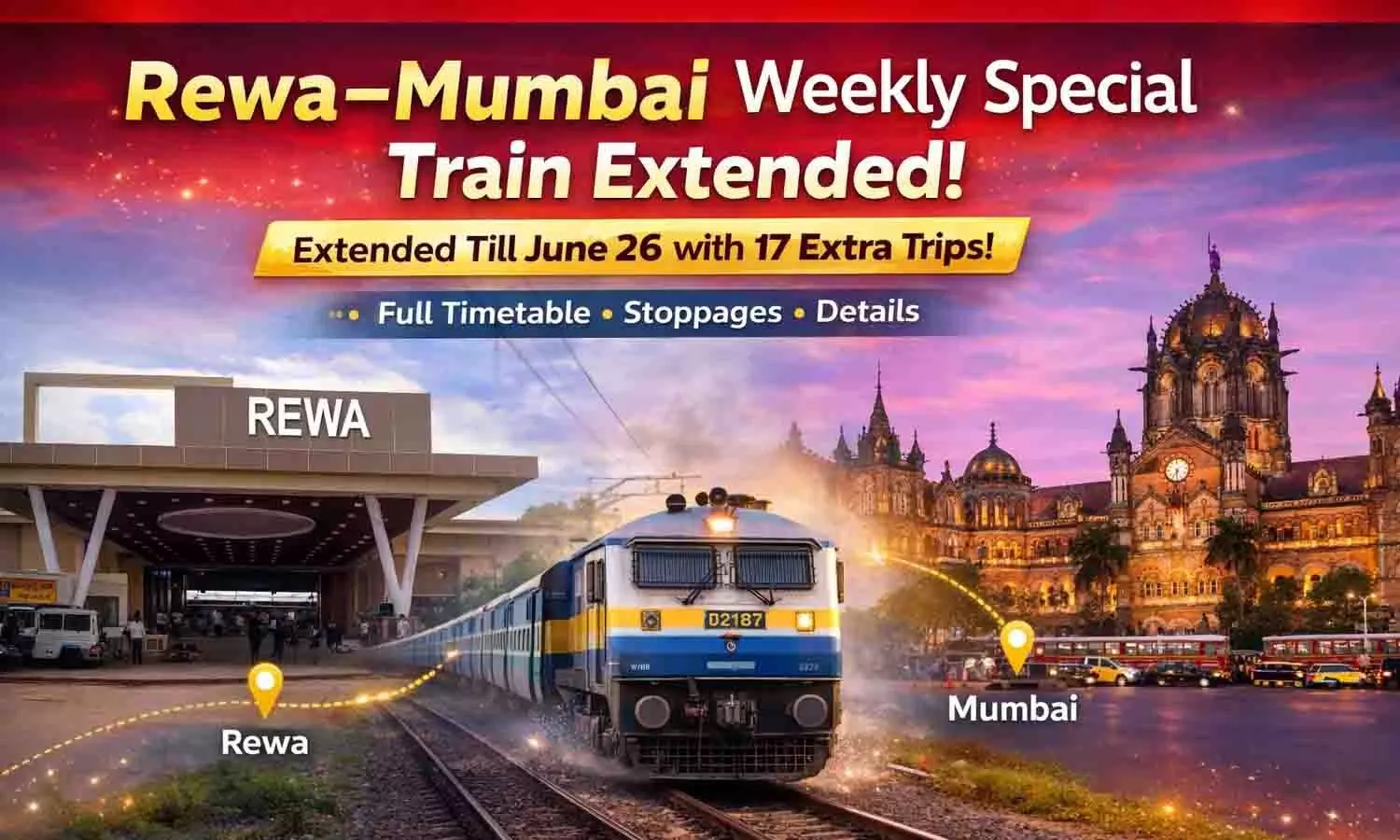 रीवा-मुंबई स्पेशल ट्रेन के फेरे बढ़े: 26 जून तक चलेगी 02187/02188, जानें Rewa-CSMT का पूरा टाइमटेबल रीवा-मुंबई स्पेशल ट्रेन के फेरे बढ़े: 26 जून तक चलेगी 02187/02188, जानें Rewa-CSMT का पूरा टाइमटेबल