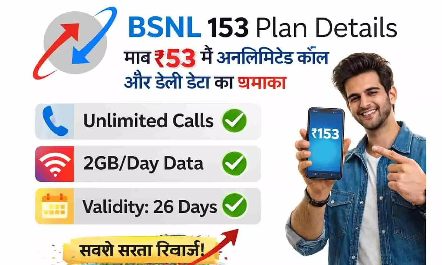 BSNL 153 Plan Details: मात्र ₹153 में अनलिमिटेड कॉल और डेली डेटा का धमाका BSNL 153 Plan Details: मात्र ₹153 में अनलिमिटेड कॉल और डेली डेटा का धमाका