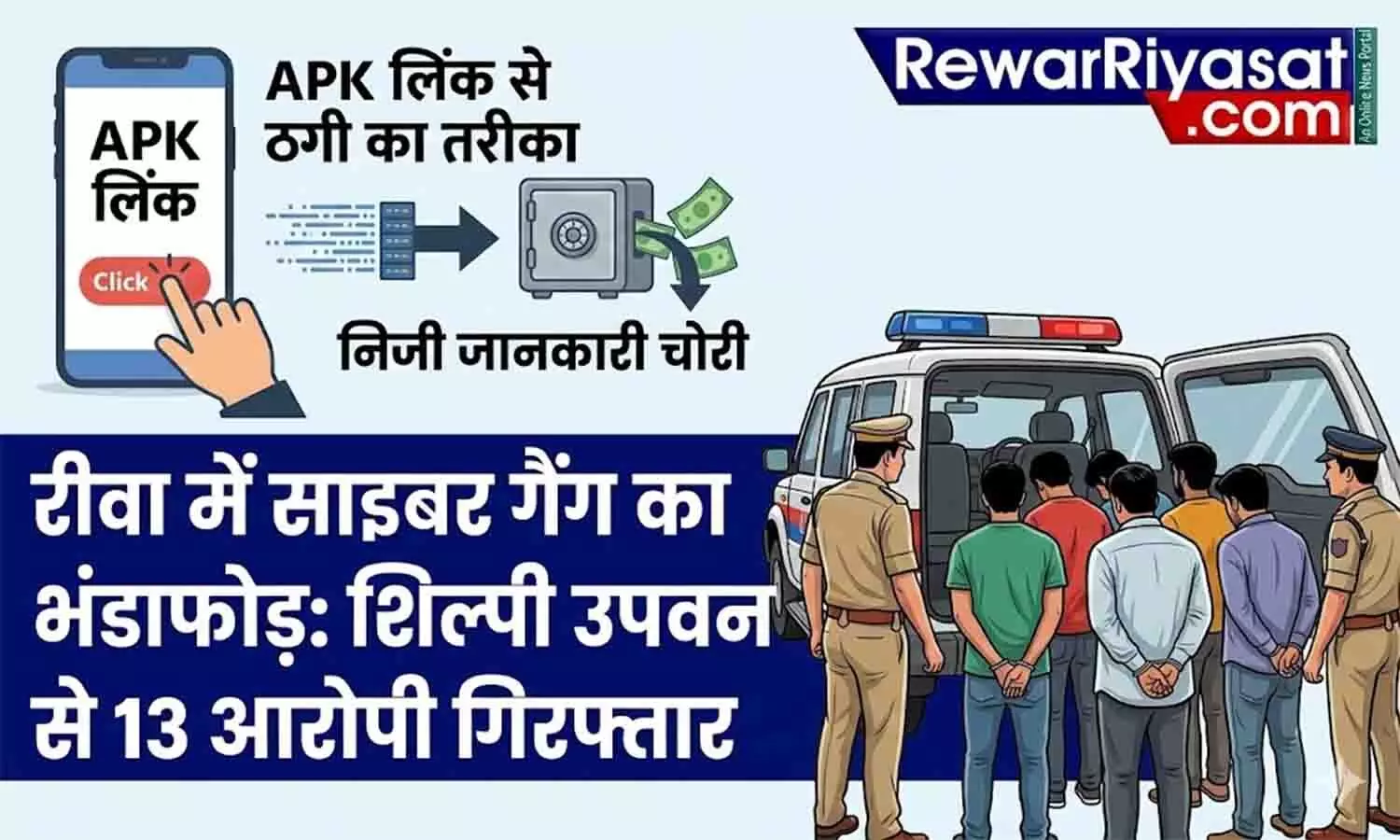 रीवा में साइबर गैंग का भंडाफोड़: शिल्पी उपवन से 13 आरोपी गिरफ्तार, APK लिंक से ठगी रीवा में साइबर गैंग का भंडाफोड़: शिल्पी उपवन से 13 आरोपी गिरफ्तार, APK लिंक से ठगी
