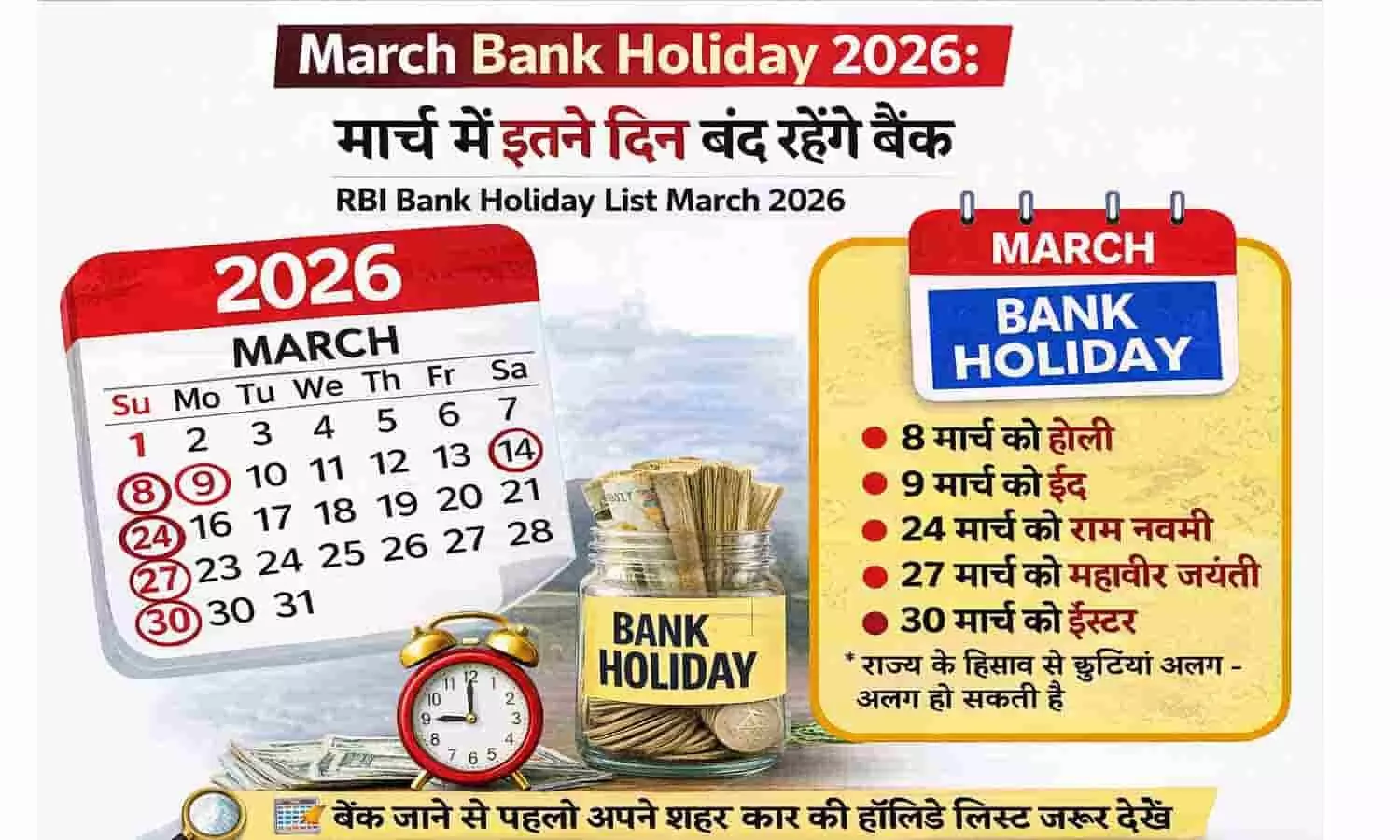 March Bank Holiday 2026: मार्च में इतने दिन बंद रहेंगे बैंक | RBI Bank Holiday List March 2026 March Bank Holiday 2026: मार्च में इतने दिन बंद रहेंगे बैंक | RBI Bank Holiday List March 2026
