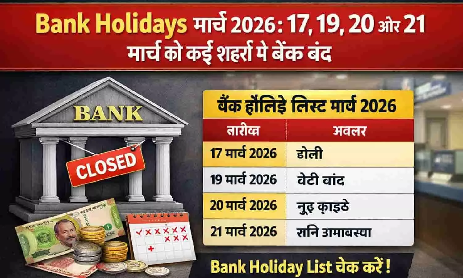 Bank Holidays March 2026: 17, 19, 20 और 21 मार्च को कई शहरों में बैंक बंद, Bank Holiday List Check करें Bank Holidays March 2026: 17, 19, 20 और 21 मार्च को कई शहरों में बैंक बंद, Bank Holiday List Check करें