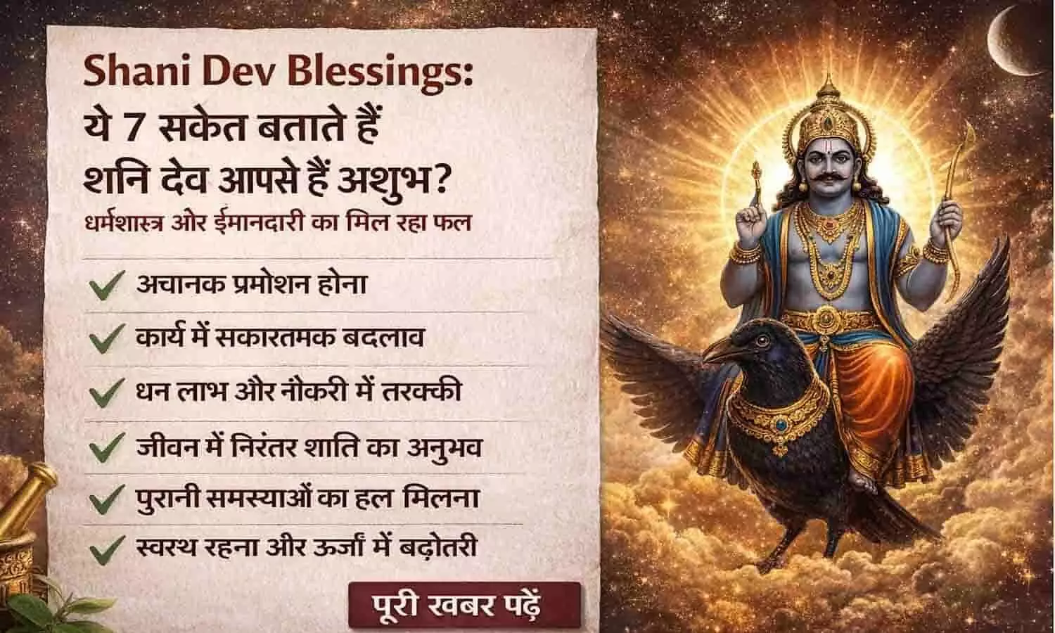 Shani Dev Blessings: ये 7 संकेत बताते हैं शनि देव आपसे हैं प्रसन्न, मेहनत और ईमानदारी का मिल रहा फल | Signs of Shani Dev Blessings Shani Dev Blessings: ये 7 संकेत बताते हैं शनि देव आपसे हैं प्रसन्न, मेहनत और ईमानदारी का मिल रहा फल | Signs of Shani Dev Blessings
