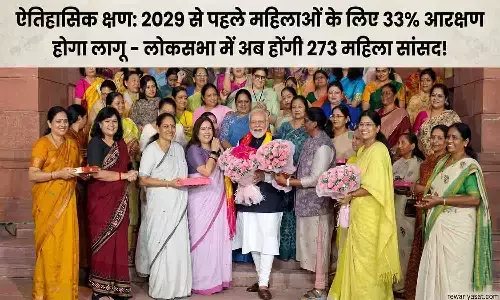 प्रधानमंत्री नरेंद्र मोदी महिला सांसदों के साथ, महिला आरक्षण बिल 2029 और लोकसभा सीटों में बढ़ोतरी की जानकारी।