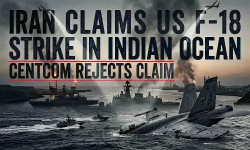 Illustration of a crashed fighter jet in the ocean with naval ships and smoke in the background representing Irans claim of shooting down a US F-18.