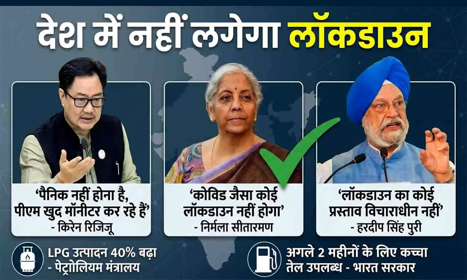 देश में नहीं लगेगा लॉकडाउन: मोदी सरकार के 3 मंत्रियों ने अफवाहों पर लगाया विराम, देश में LPG प्रोडक्शन 40% बढ़ा; पेट्रोल-डीजल पर भी आई बड़ी खबर देश में नहीं लगेगा लॉकडाउन: मोदी सरकार के 3 मंत्रियों ने अफवाहों पर लगाया विराम, देश में LPG प्रोडक्शन 40% बढ़ा; पेट्रोल-डीजल पर भी आई बड़ी खबर