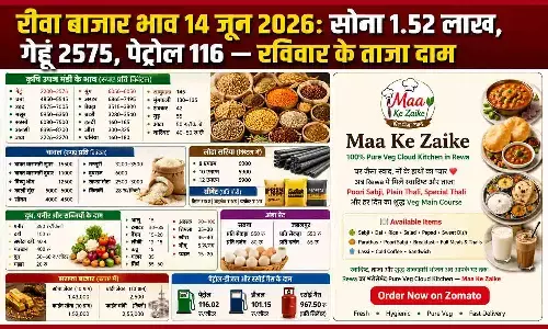 रीवा बाजार भाव 14 जून 2026: सोना 1.52 लाख, गेहूं 2575, पेट्रोल 116 — रविवार के ताजा दाम