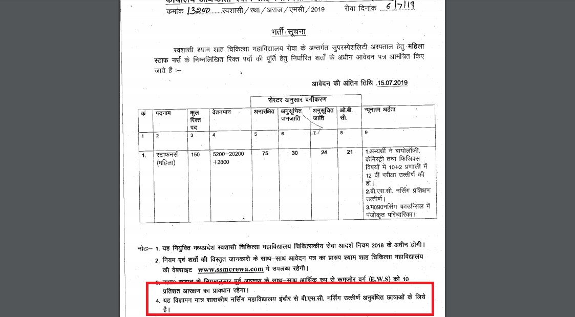 रीवा के सुपर स्पेशिलिटी अस्पताल में स्टाफ नर्सों की भर्ती में अनोखी शर्त, सिर्फ इंदौर नर्सिंग कॉलेज की छात्राओं के लिए मंगाए आवेदन रीवा के सुपर स्पेशिलिटी अस्पताल में स्टाफ नर्सों की भर्ती में अनोखी शर्त, सिर्फ इंदौर नर्सिंग कॉलेज की छात्राओं के लिए मंगाए आवेदन