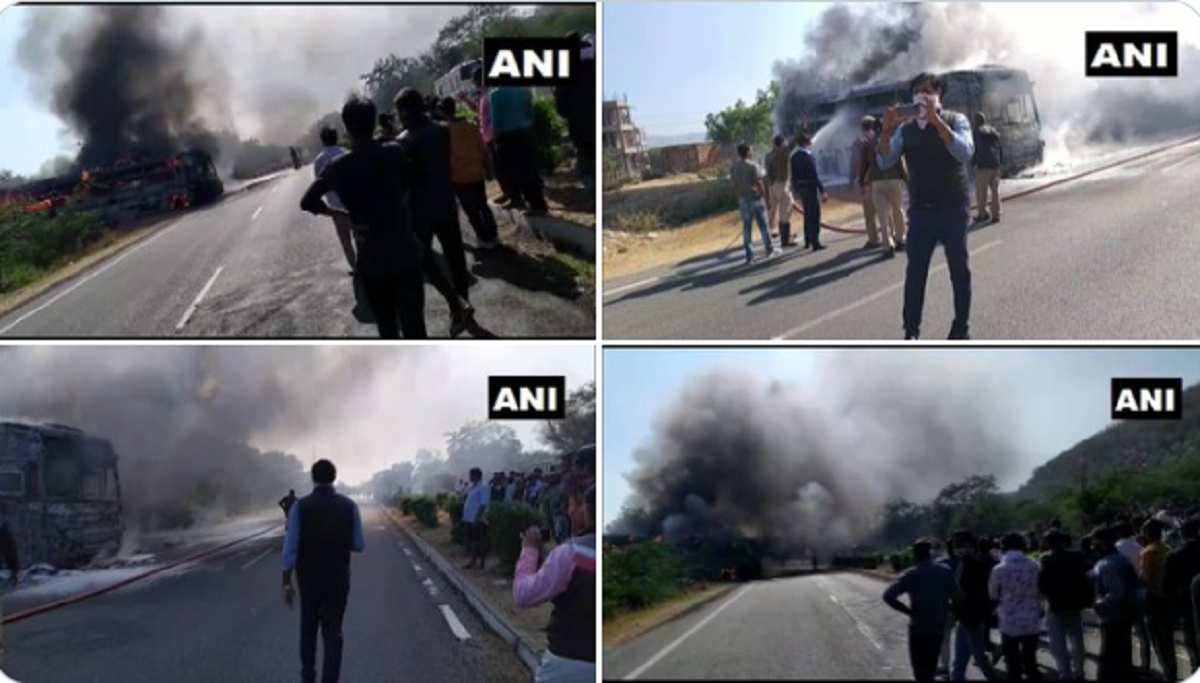 राजस्थान : हाई वोल्टेज तार के संपर्क में आने से बस में लगी आग, 3 लोगो की मौत